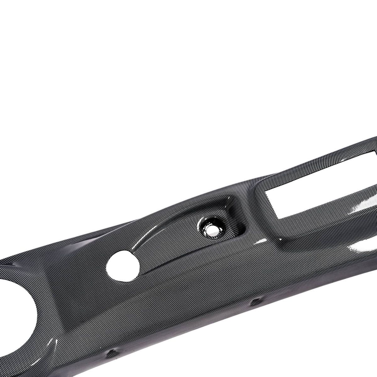 Golf cart dashboard cover detail, carbon fiber style black with center screw hole and openings