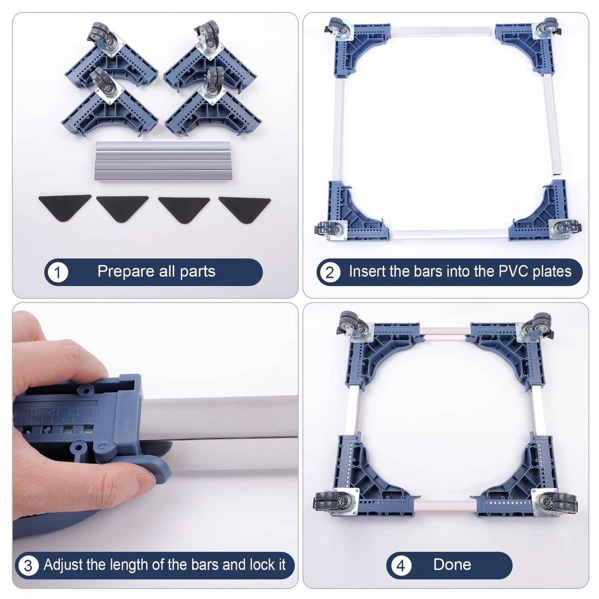 Assembly steps for the adjustable dolly frame with inserted bars and locking parts