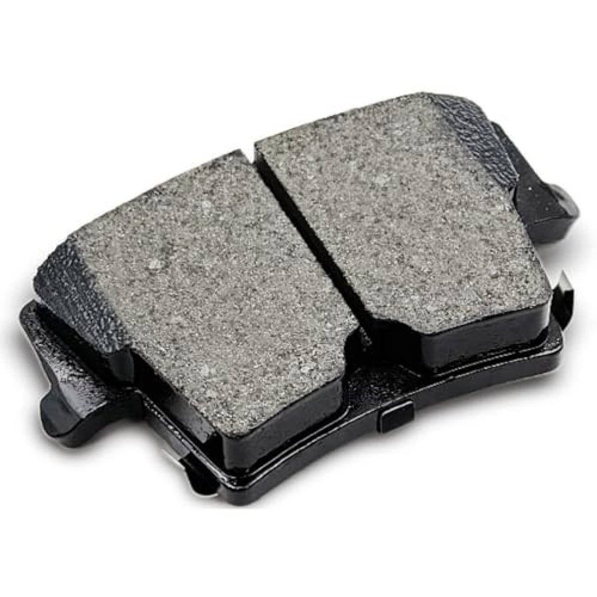 Pair of gray ceramic brake pads with black backing and metal spring clips