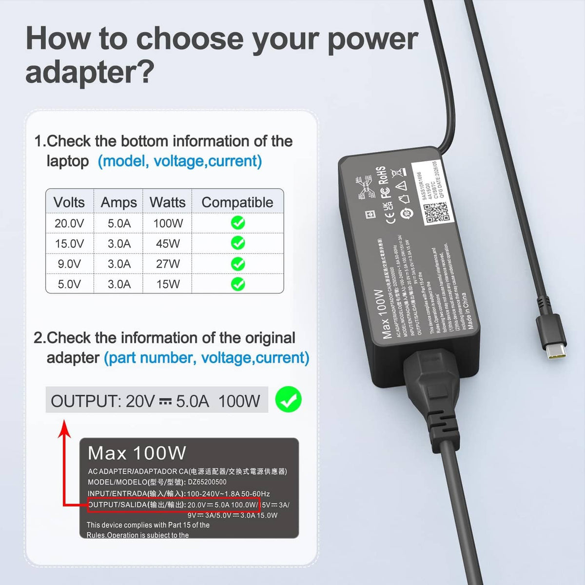 Black 100W charger adapter with USB-C plug and power cable
