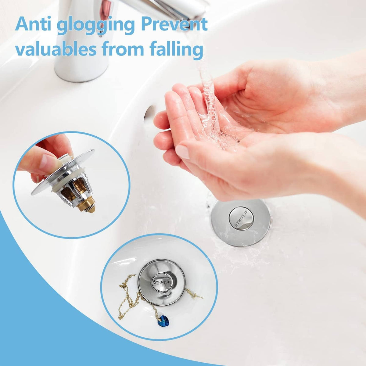 Chrome pop-up sink stopper on basin with hand washing, showing top cap and drain opening.