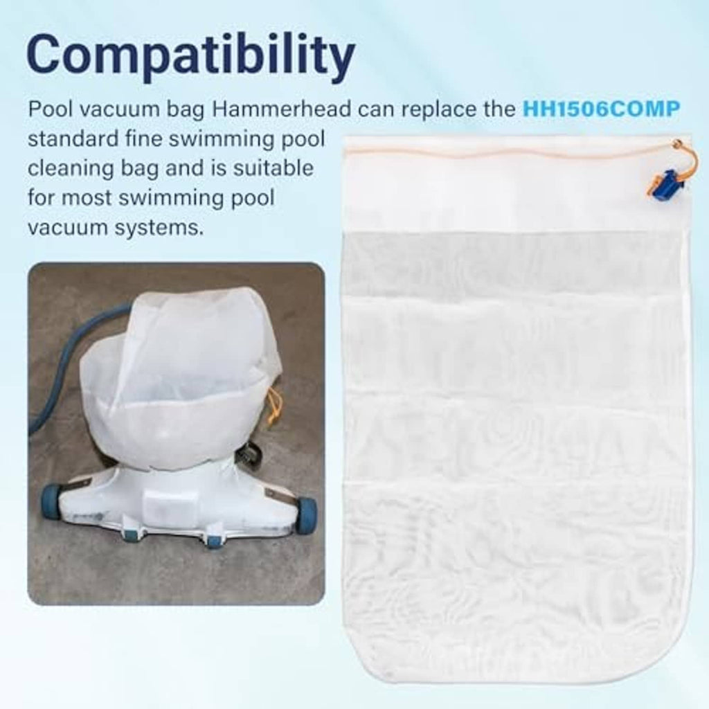 White mesh pool vacuum filter bag with drawstring and blue-and-orange connector