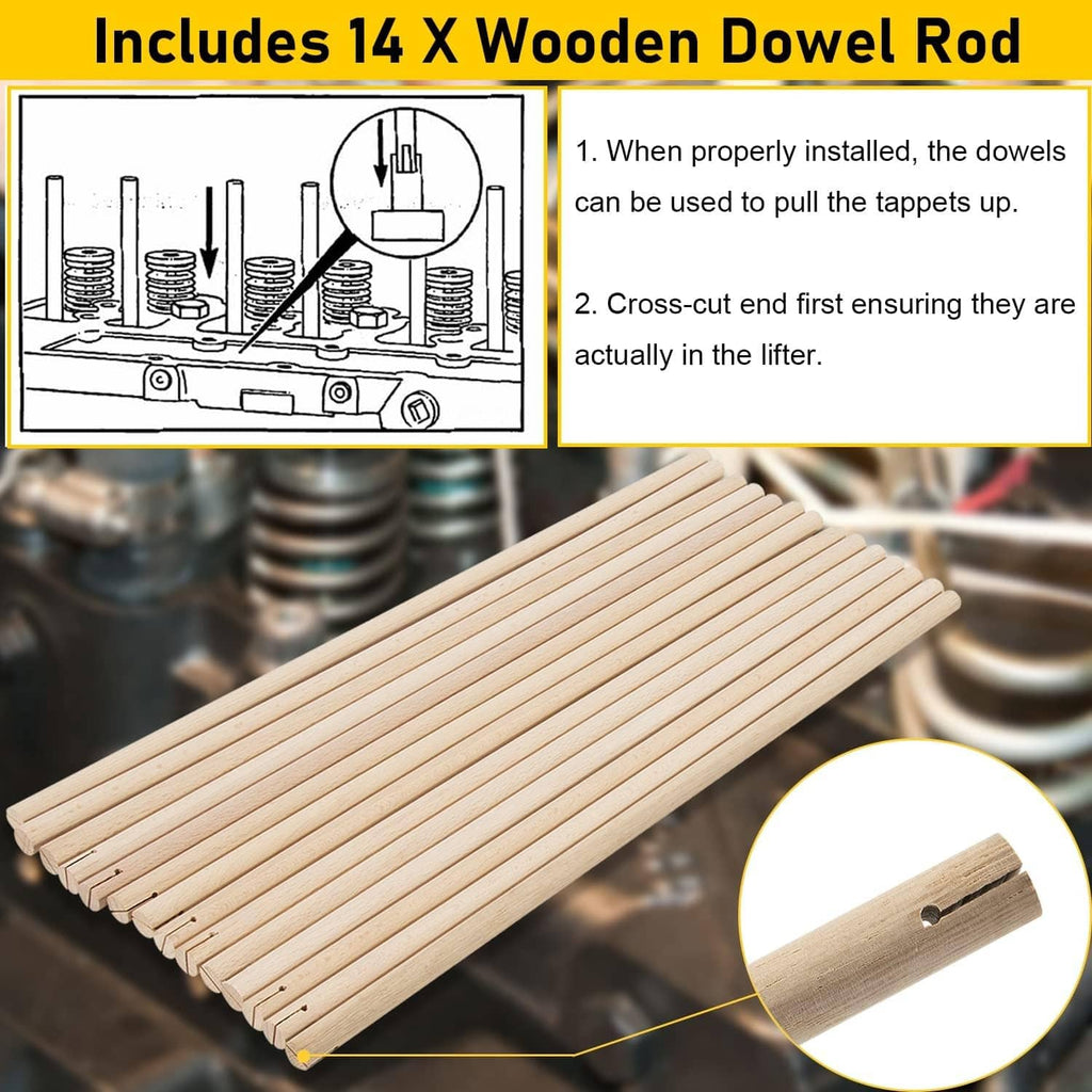 Valve lifter remover and installer tool with wooden dowel rods and metal lifter trough