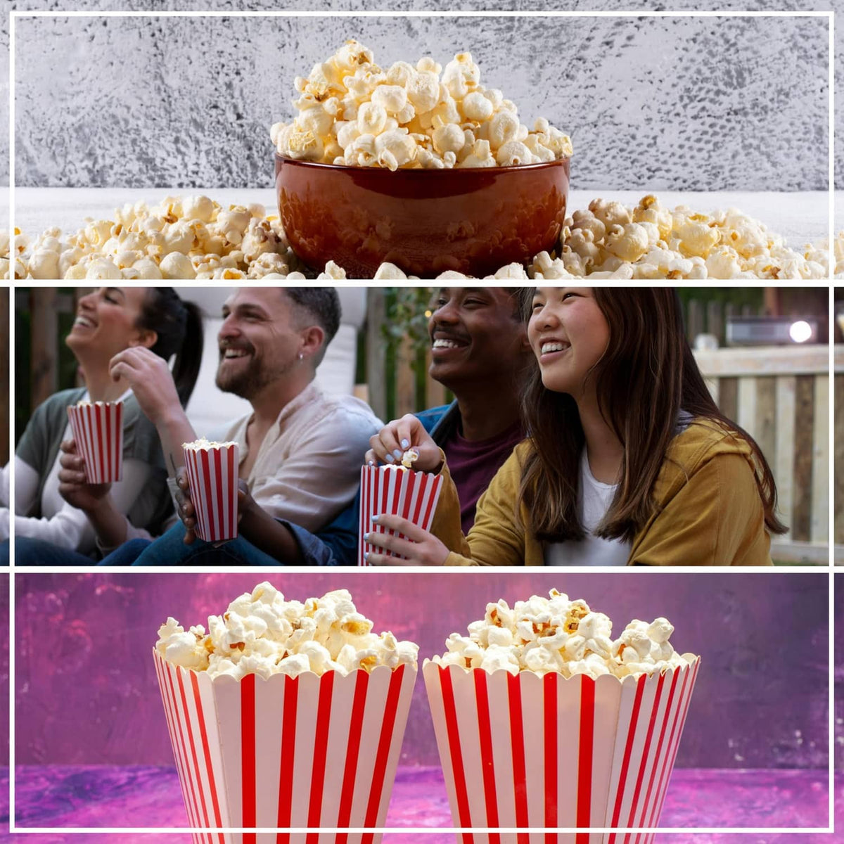 Snack-time scene with striped popcorn cups and a bowl of popped popcorn