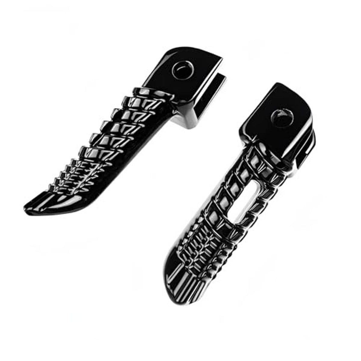Black motorcycle front foot pegs in angled view, with textured grip pattern.