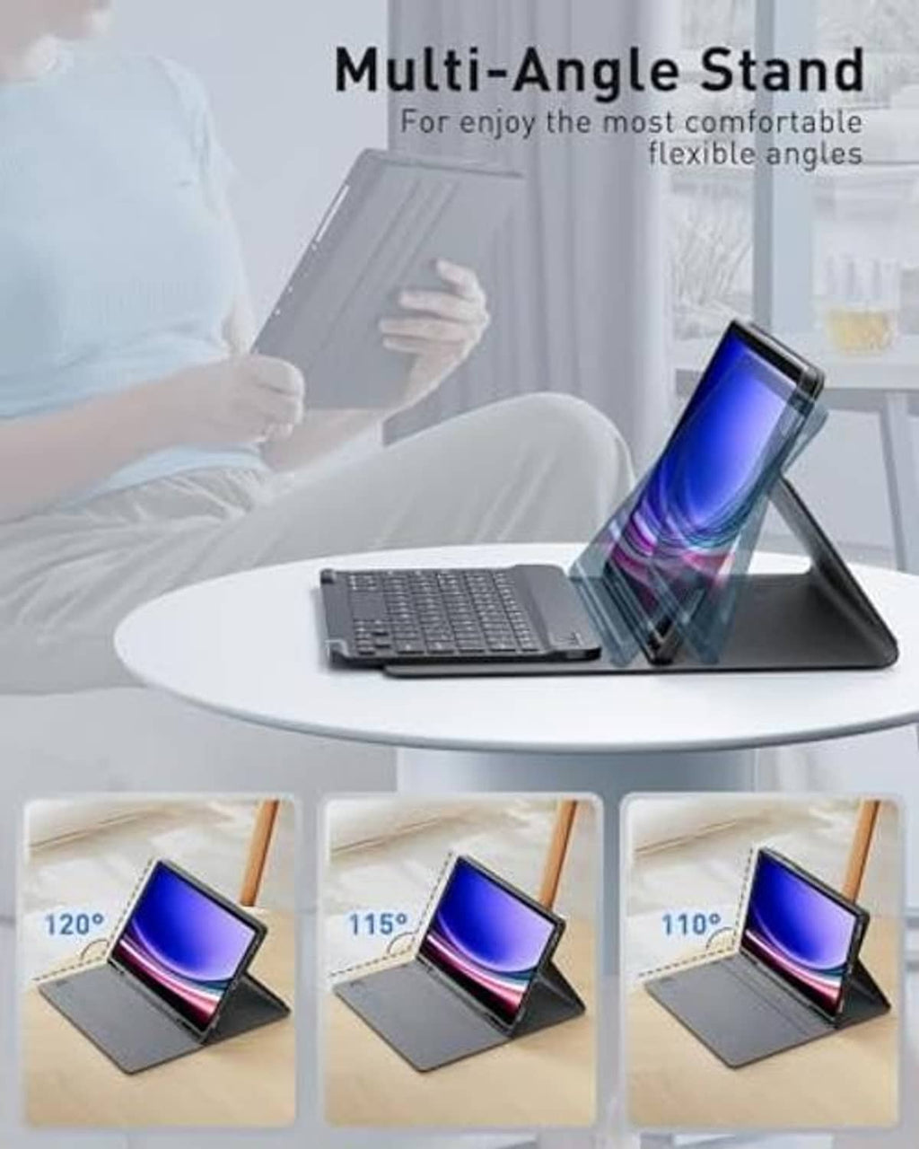 Black tablet keyboard case with multi-angle stand and attached wireless keyboard