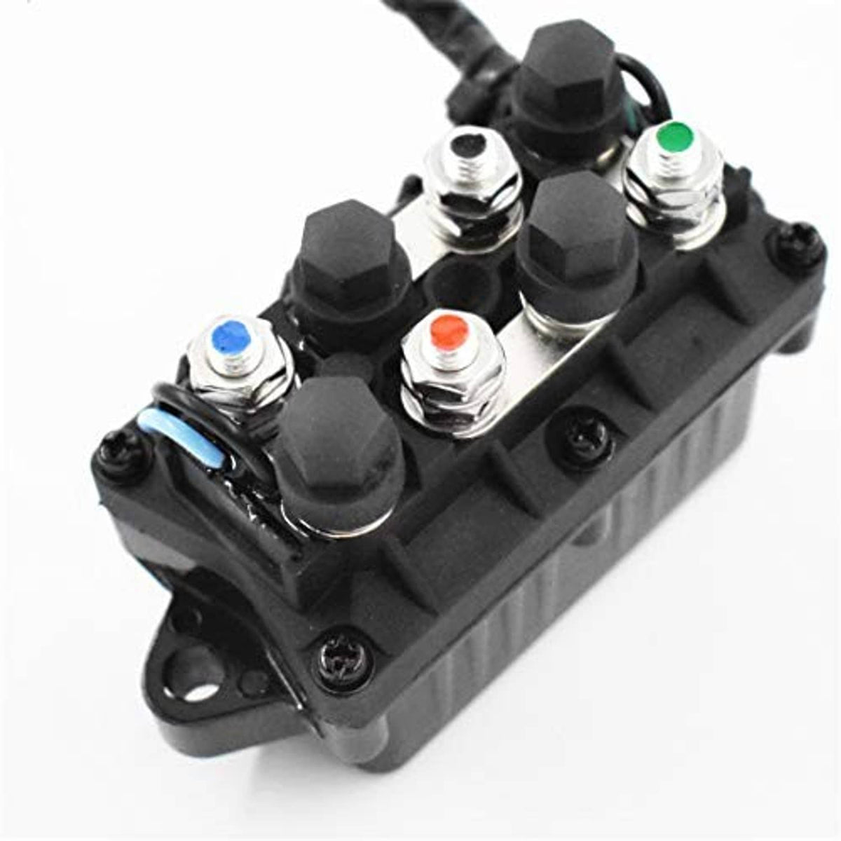 Outboard power trim relay unit with black plastic base, hex terminal bolts, and wiring port