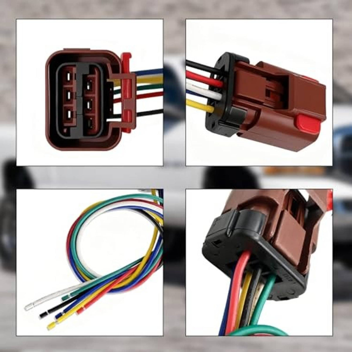 Tail light pigtail connector set showing brown 6-pin housings with multicolor wire leads