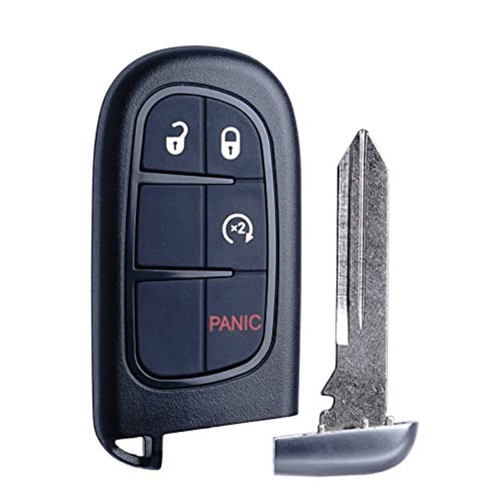Black key fob with 4 buttons and spare metal key blade, showing lock/unlock and panic.