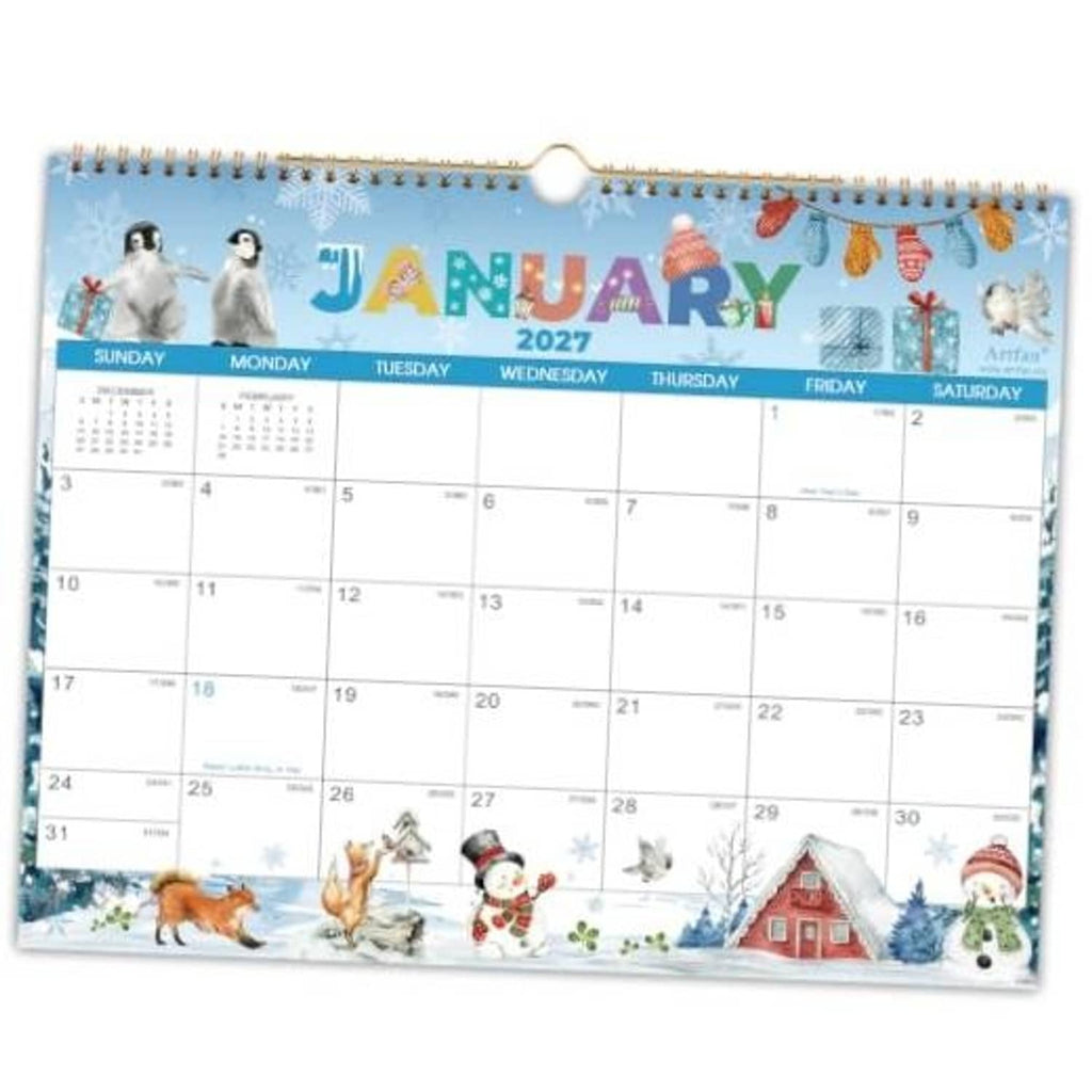 January 2027 wall calendar with penguin and snow scene, spiral bound