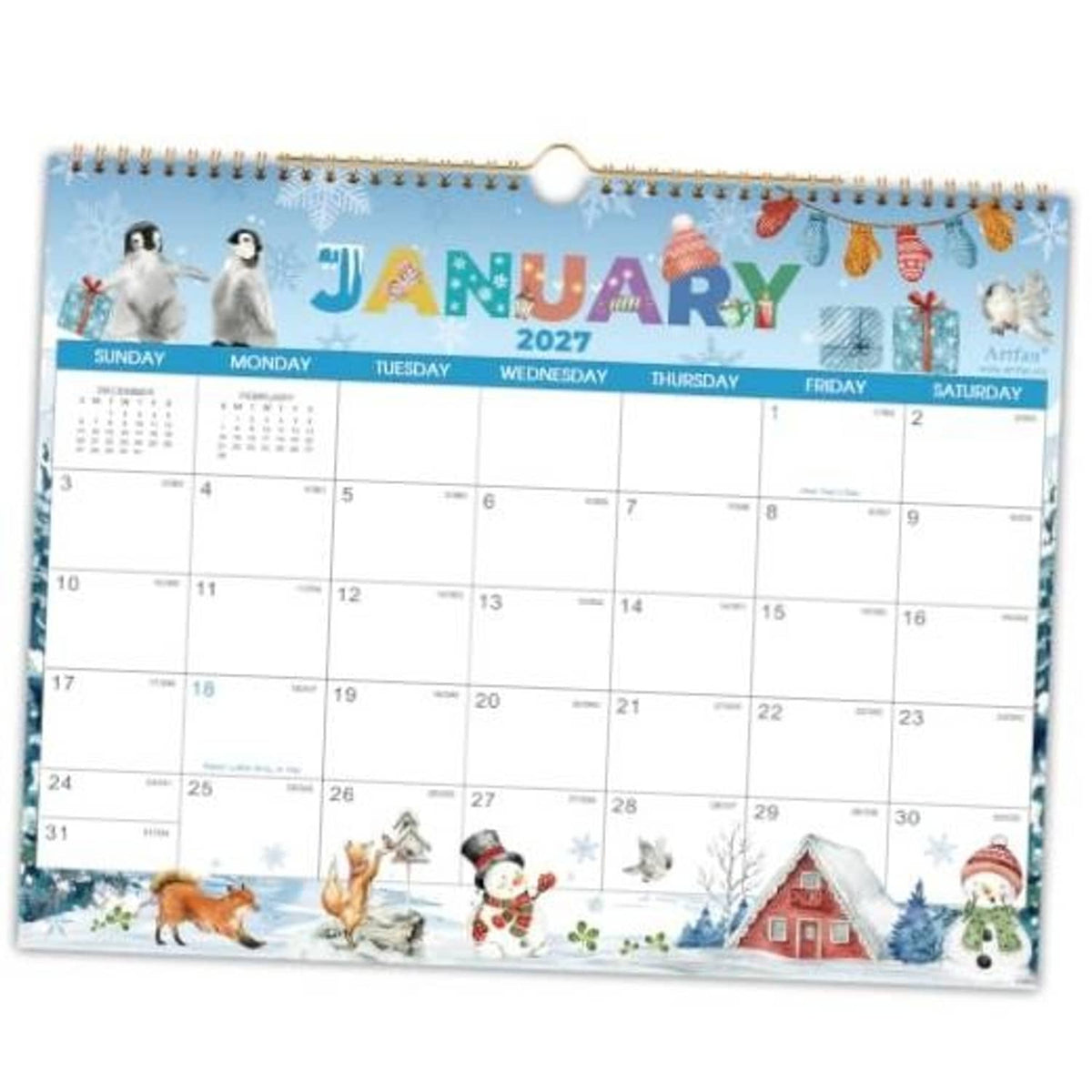January 2027 wall calendar with penguin and snow scene, spiral bound