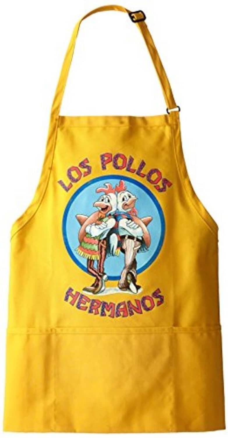 Men's yellow apron featuring Los Pollos Hermanos cartoon graphic, adjustable neck strap