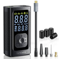Portable tire inflator air compressor with digital display, hose, and nozzle adapters