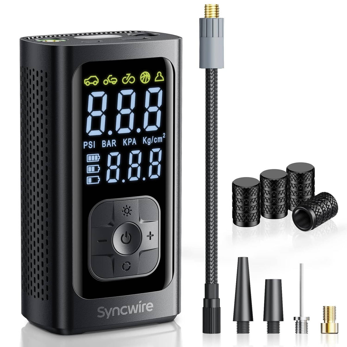 Portable tire inflator air compressor with digital display, hose, and nozzle adapters