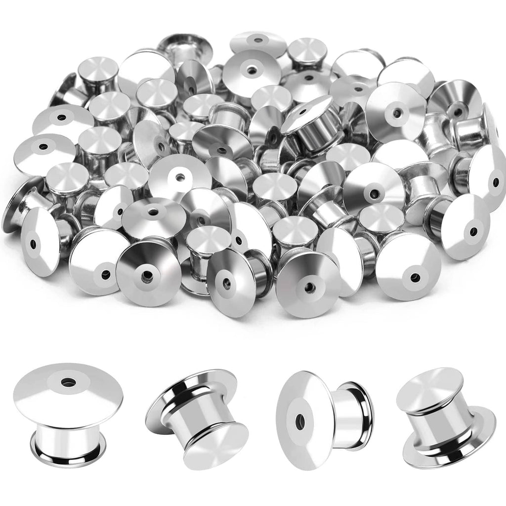 Silver metal locking pin back clasps with round keeper backs and posts, bulk pieces shown.