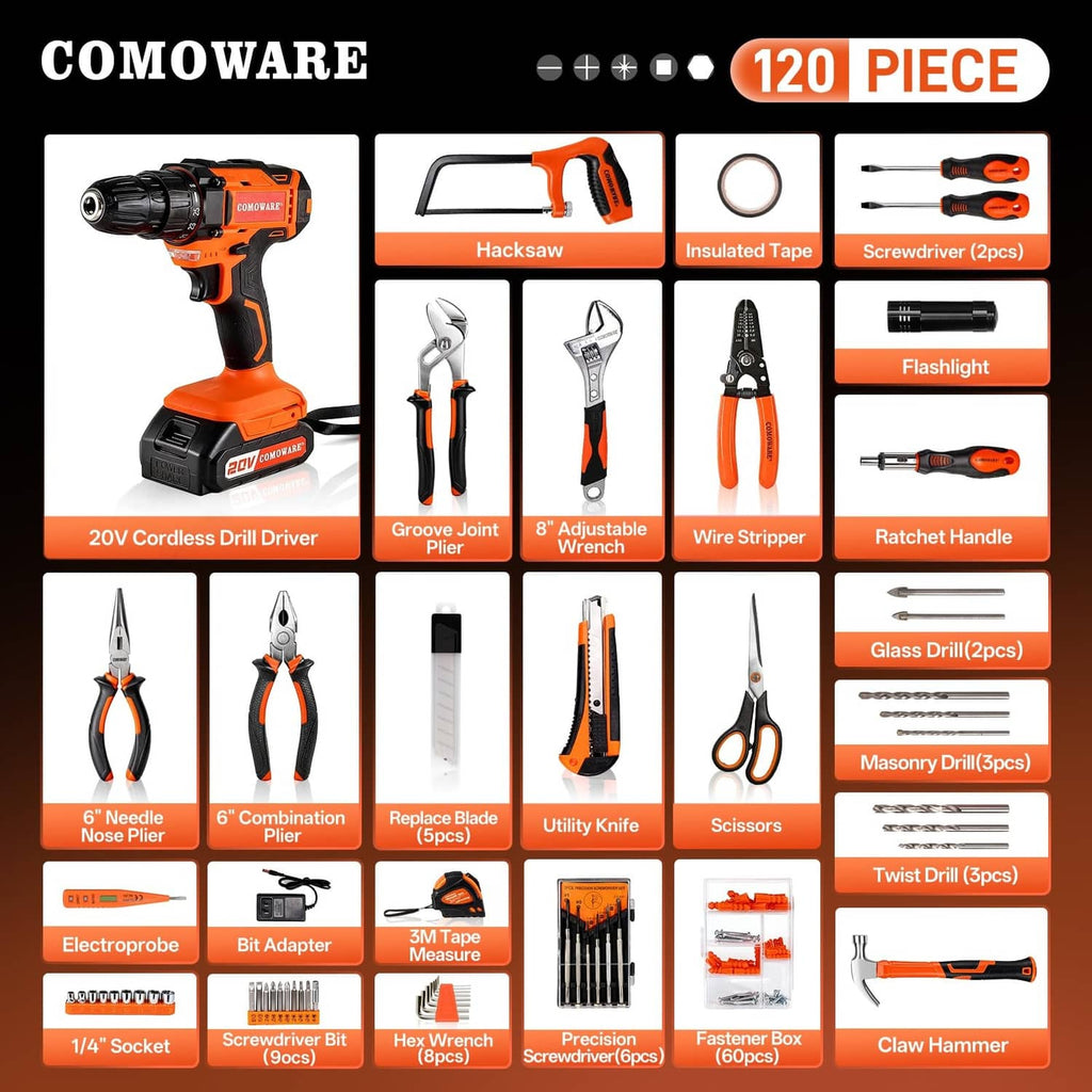 120-piece cordless drill tool kit with orange and black tools and bits