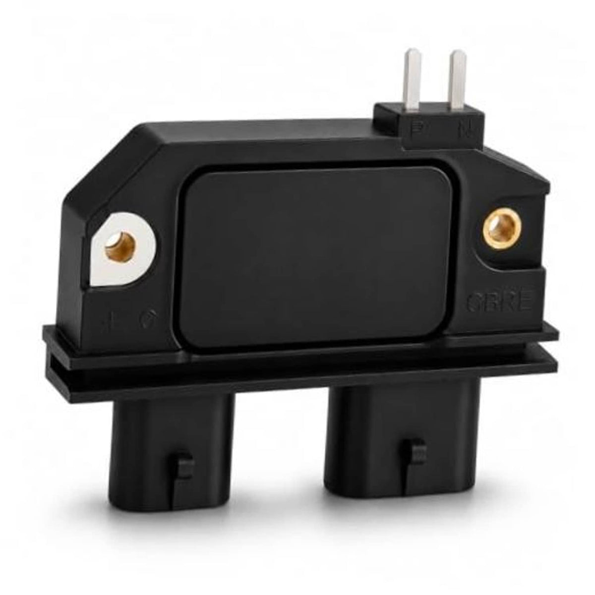 Black ignition control module with two electrical pins and metal mounting tabs