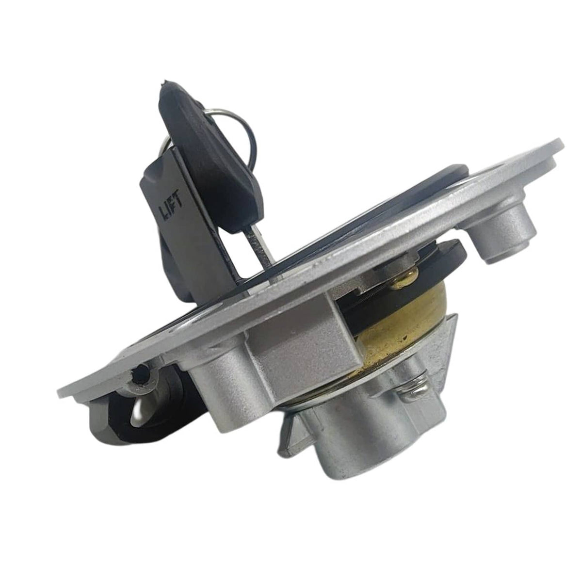 Fuel tank cap cover underside with locking mechanism and mounting hardware