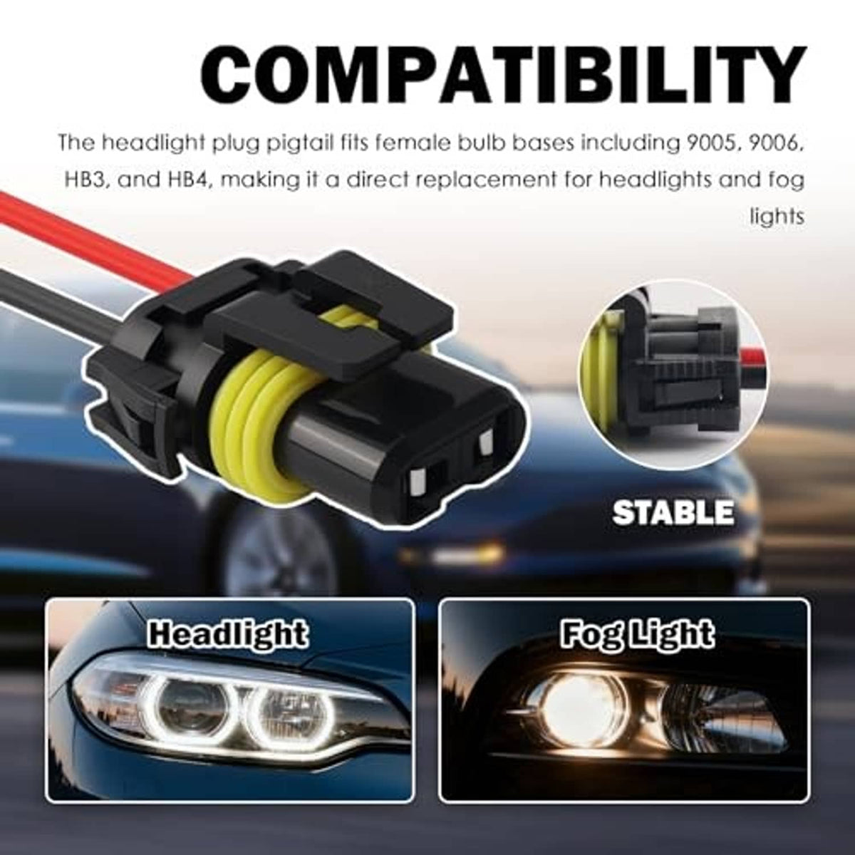 Headlight wiring harness socket plug with yellow inner seal, black housing, red/black leads