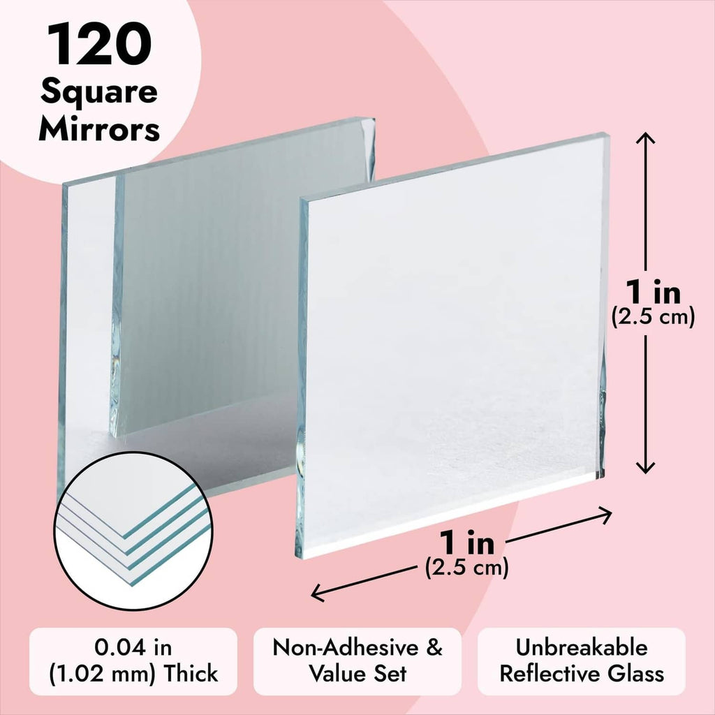 Set of 1-inch square glass mirror tiles with non-adhesive backing and reflective finish