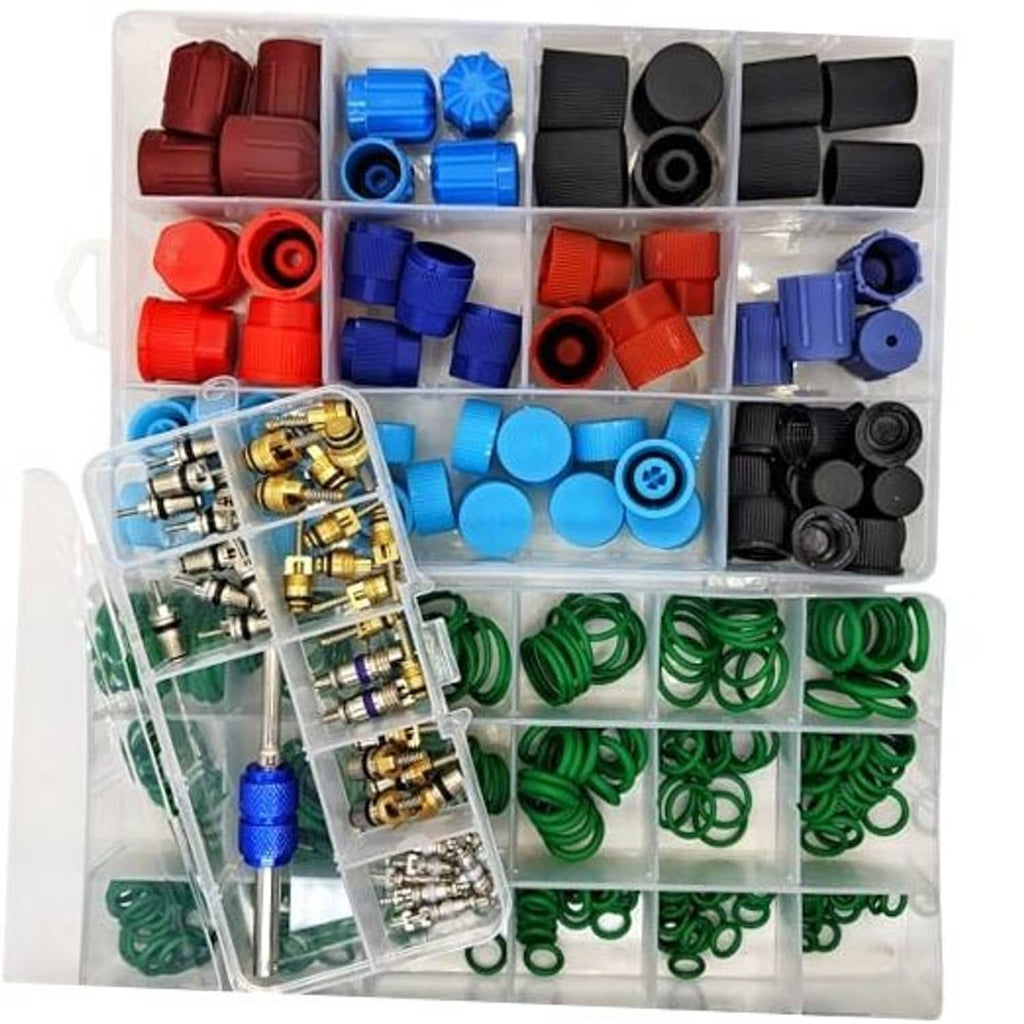 A/C valve core, O-ring and cap kit with multicolor parts in clear organizer