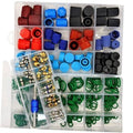 A/C valve core, O-ring and cap kit with multicolor parts in clear organizer