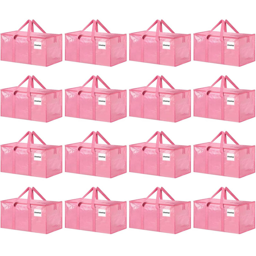 Set of 16 pink foldable storage bins with handles, shown closed