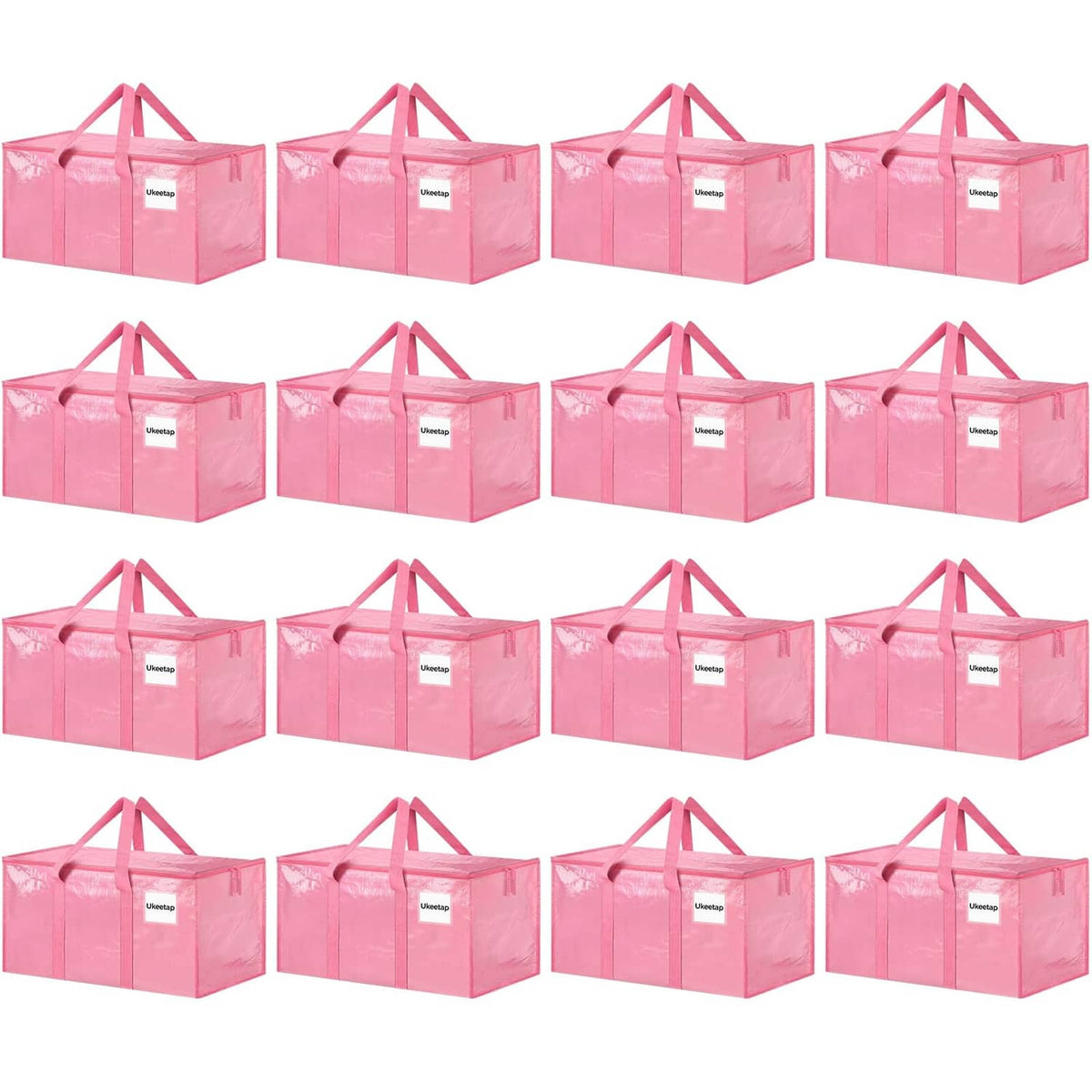 Set of 16 pink foldable storage bins with handles, shown closed