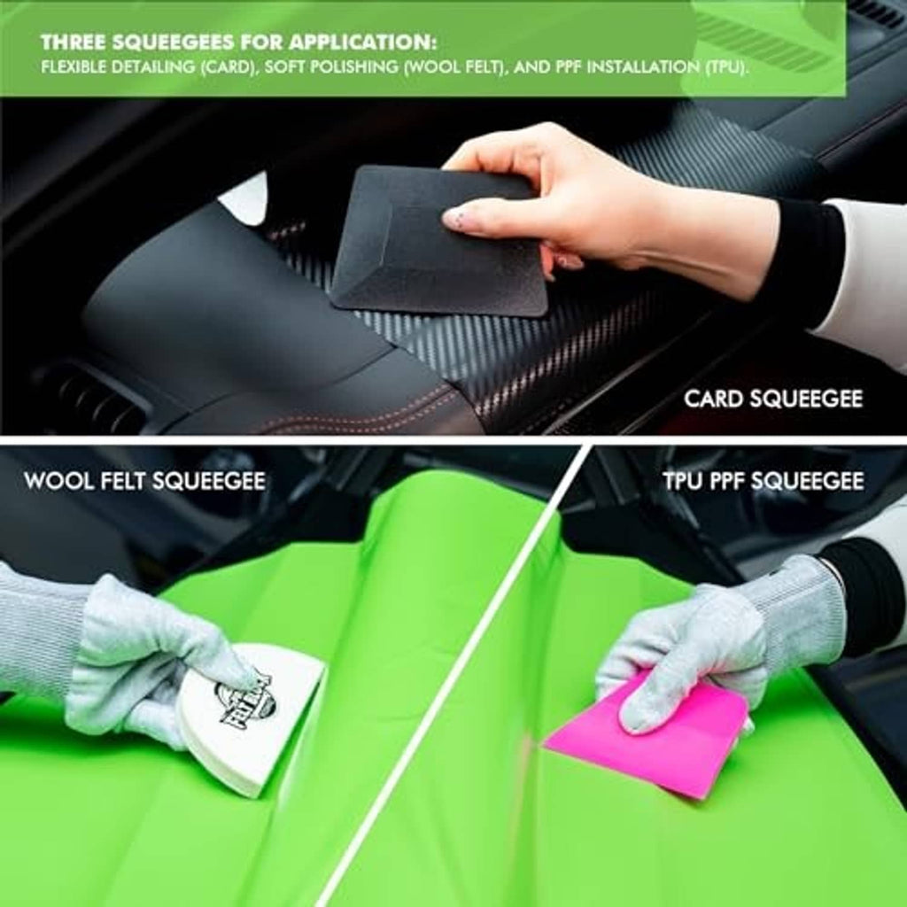 Card squeegee, wool felt squeegee, and TPU PPF squeegee with green tool blades