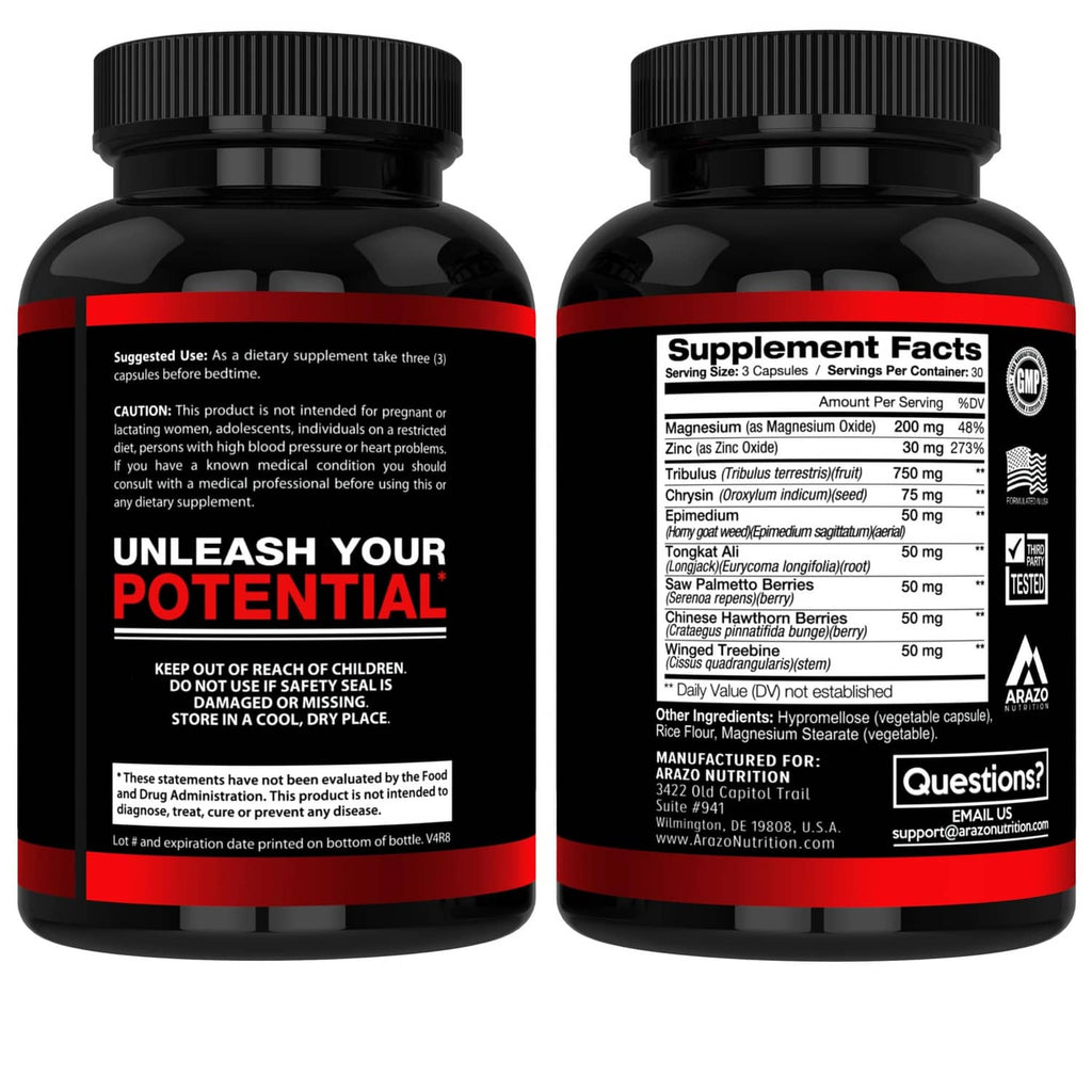 Arazo Nutrition Testo Boost supplement bottle back label with Supplement Facts panel