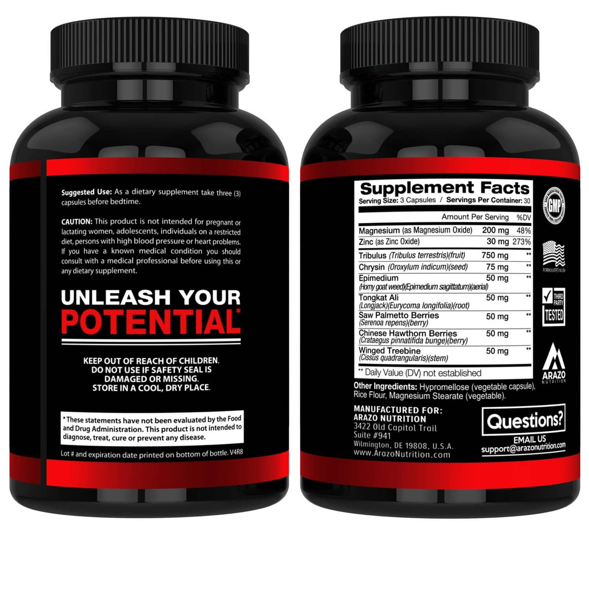 Arazo Nutrition Testo Boost supplement bottle back label with Supplement Facts panel