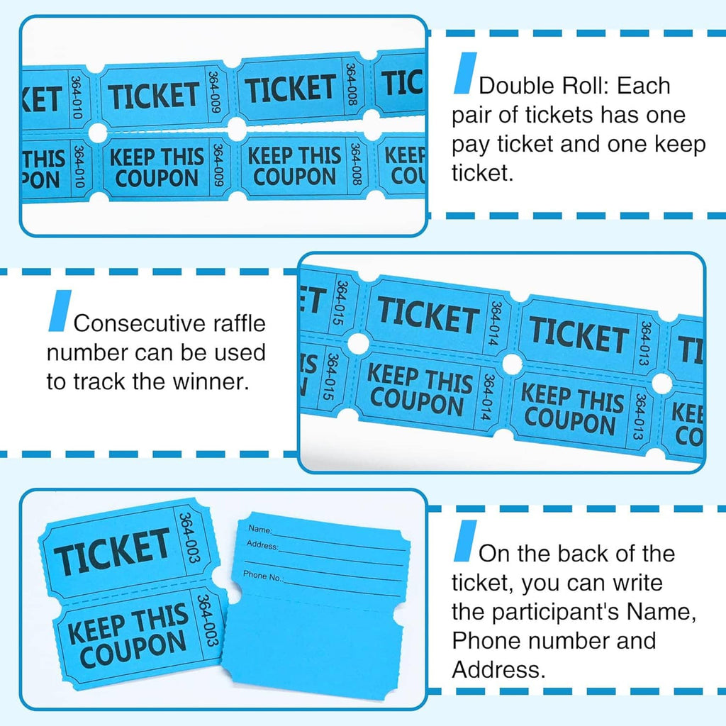 Blue double-roll raffle tickets with stub cards and “KEEP THIS COUPON” panels, illustrated