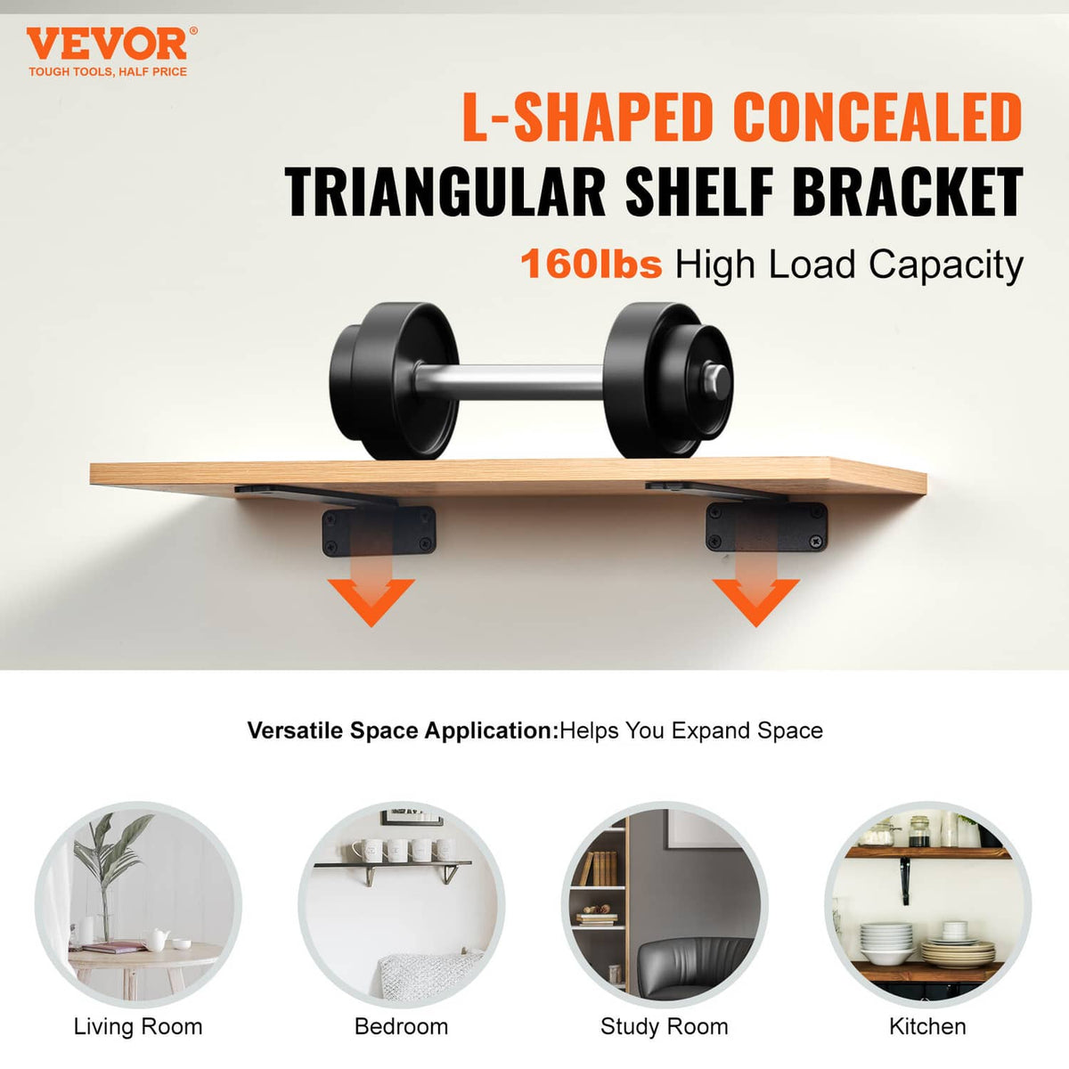 Black L-shaped triangular concealed shelf bracket with two mounting arms
