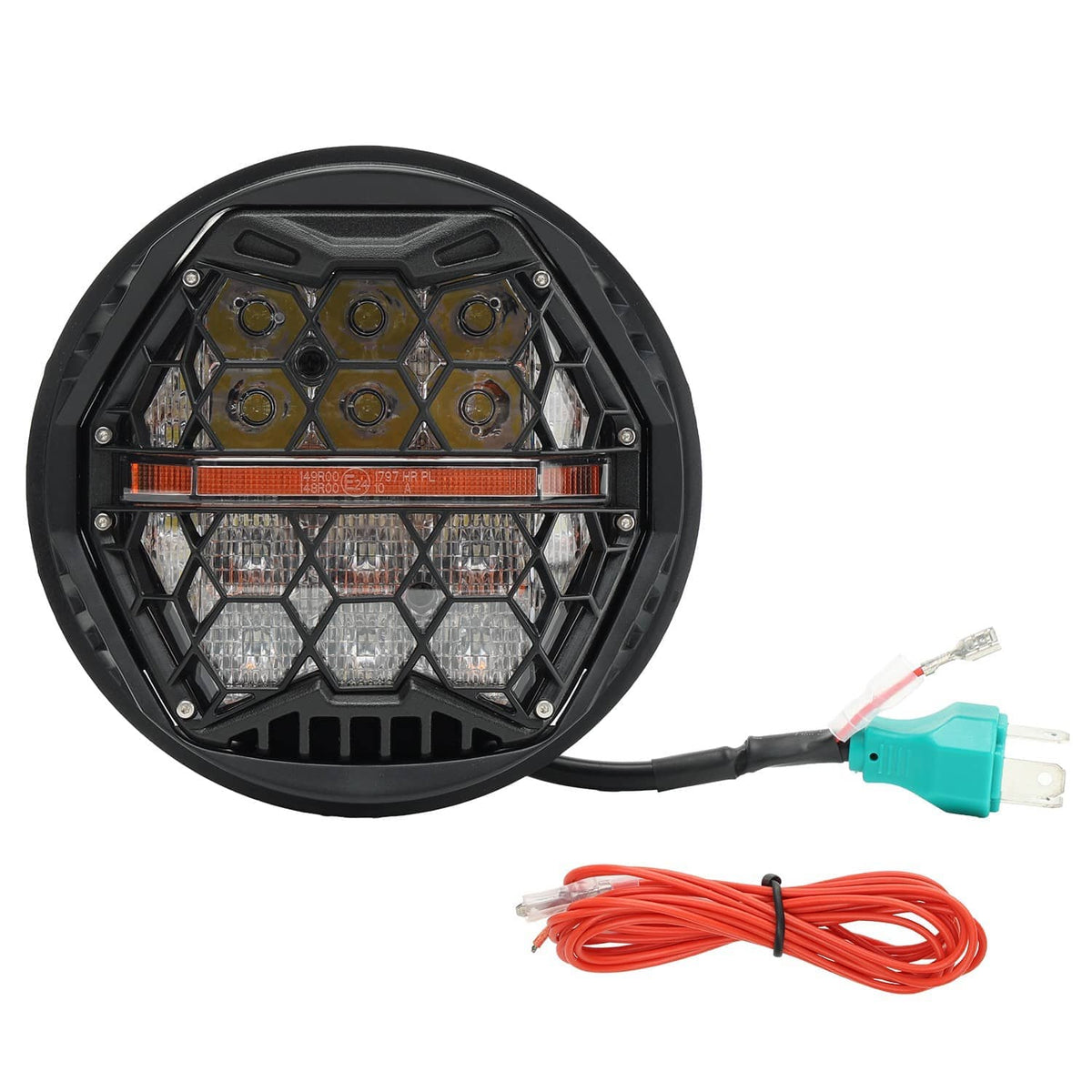 5.75-inch round LED headlight with black housing, amber DRL bar, and turquoise connector