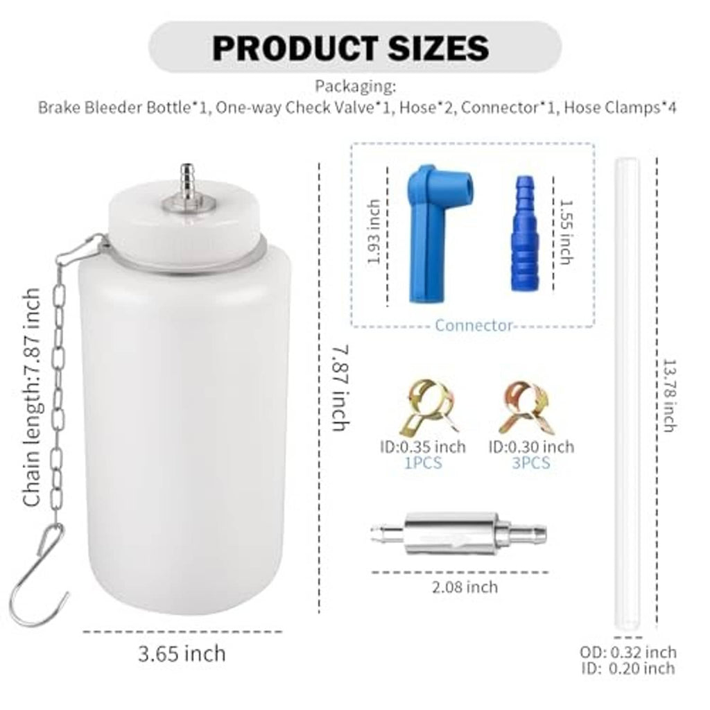 1L brake bleeder bottle with chain and hose, blue connector and brass fittings