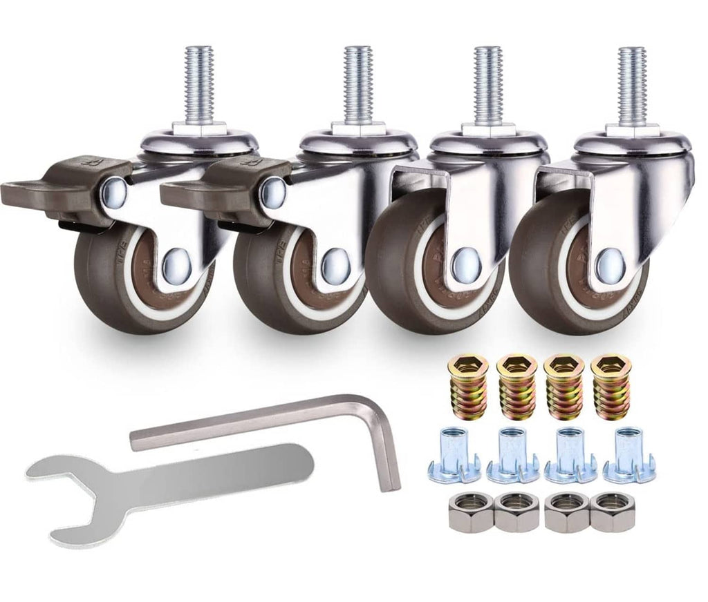 Swivel caster wheel set with dark rubber wheels, chrome housings, and stem hardware
