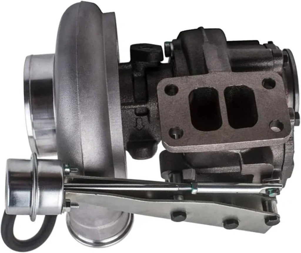 Turbocharger with black compressor housing and silver turbine housing, standalone assembly