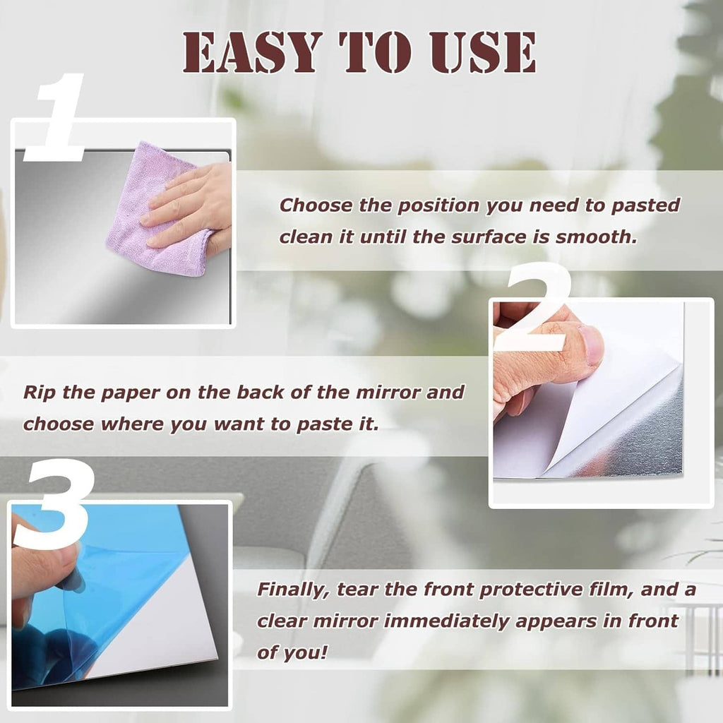Reflective acrylic mirror tiles with front protective film and back paper backing