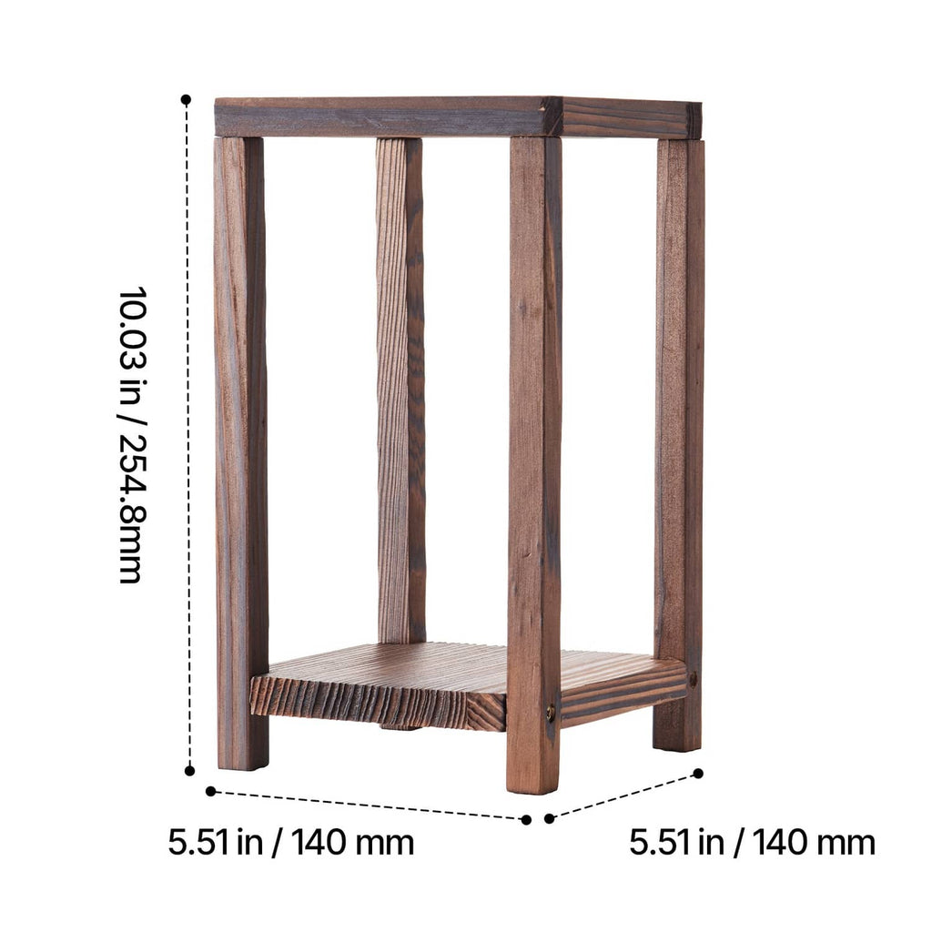 Brown wooden candle lantern, open frame with base shelf, side view with height marked
