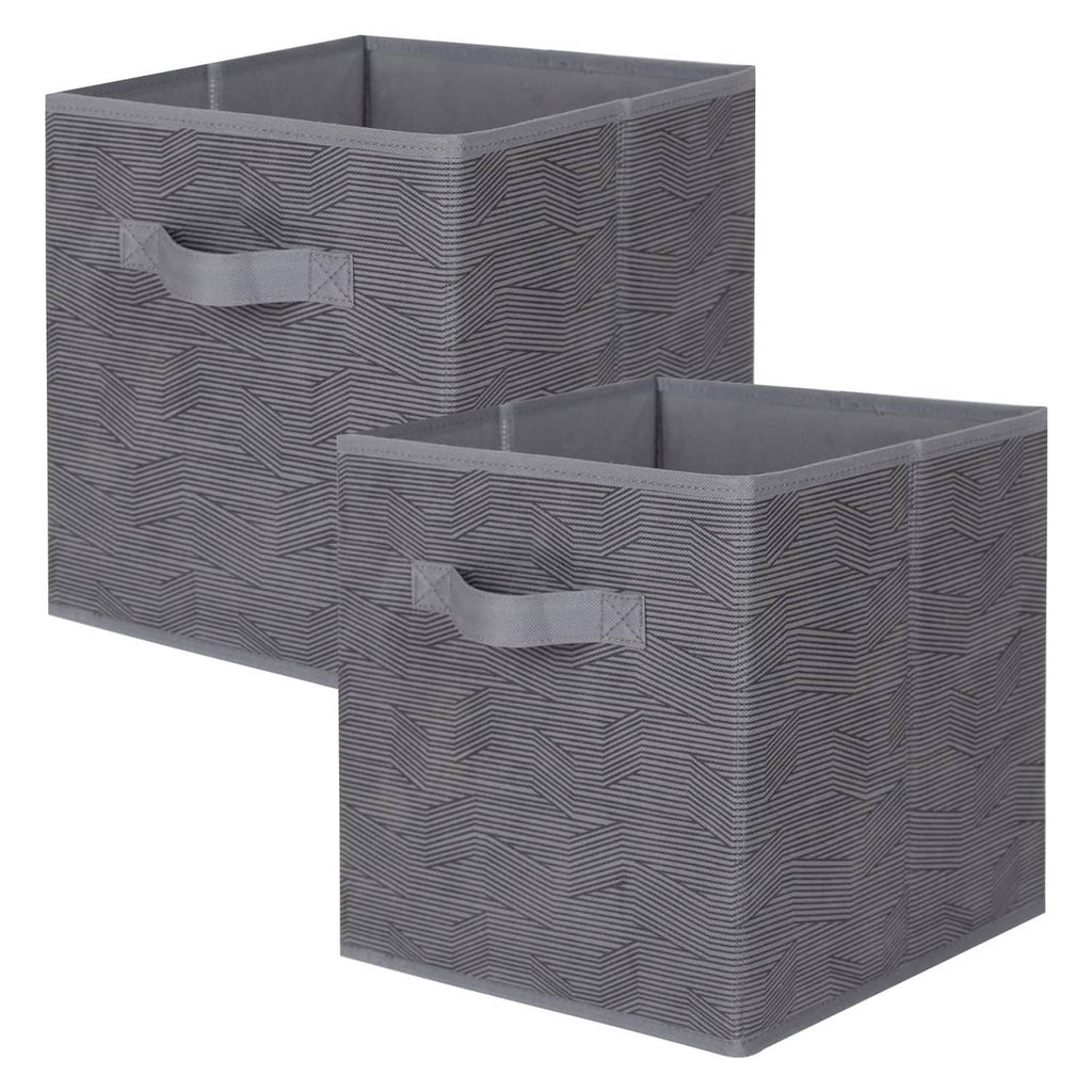 Pair of foldable dark gray fabric storage bins with black stripe handles