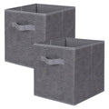Pair of foldable dark gray fabric storage bins with black stripe handles