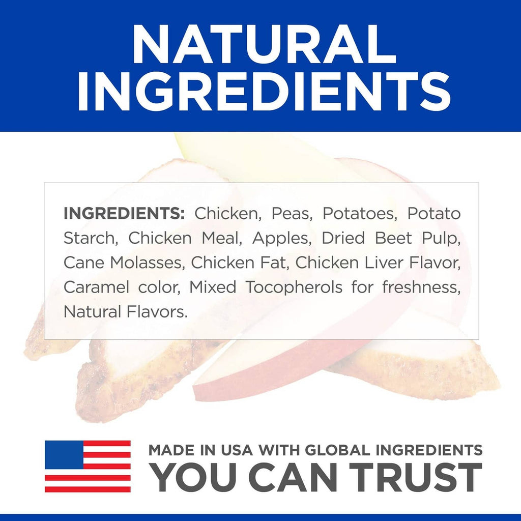 Dog treat ingredients panel listing chicken, peas, potatoes, apples, dried beet pulp, natural flavors
