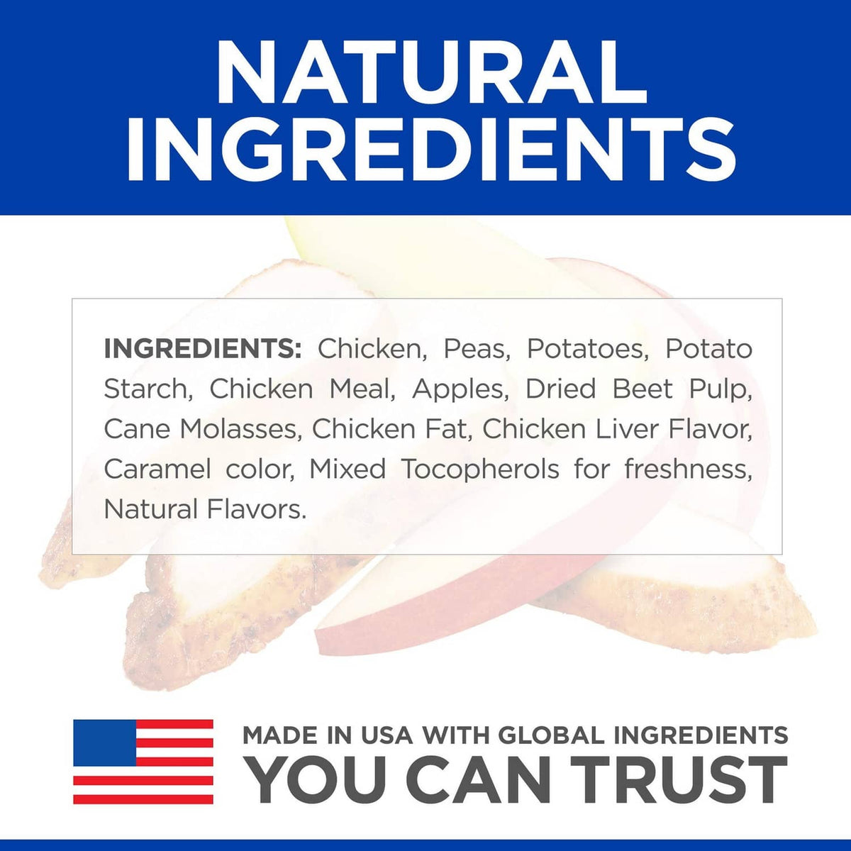 Dog treat ingredients panel listing chicken, peas, potatoes, apples, dried beet pulp, natural flavors
