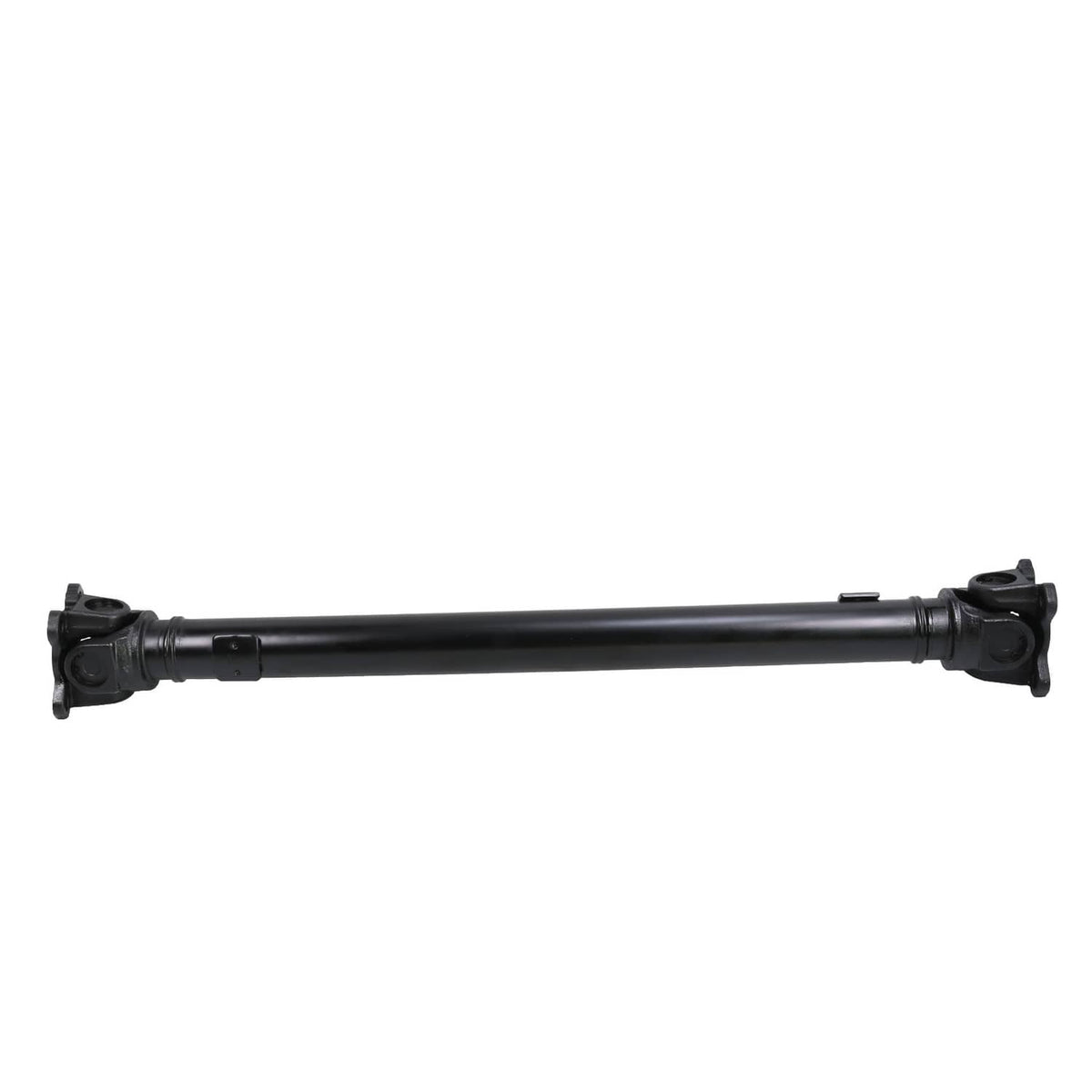 Front driveshaft prop shaft assembly with black tube and end yokes, side view