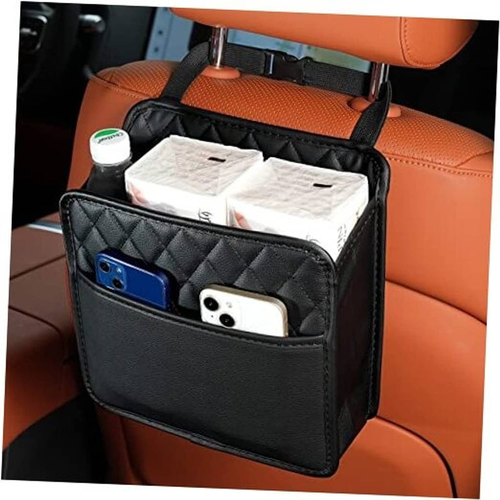Car seat back hanging organizer bag, black quilted fabric with front slip pocket