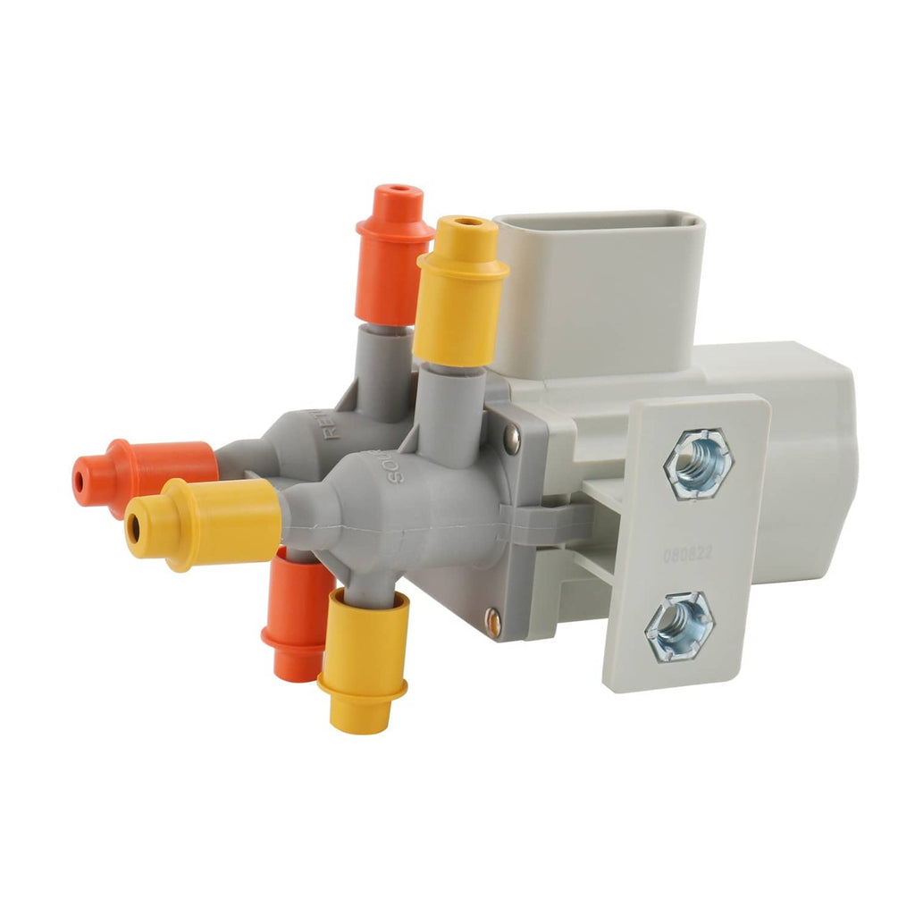 6-port fuel tank selector valve with gray base, hex bolts, and colored inlet fittings