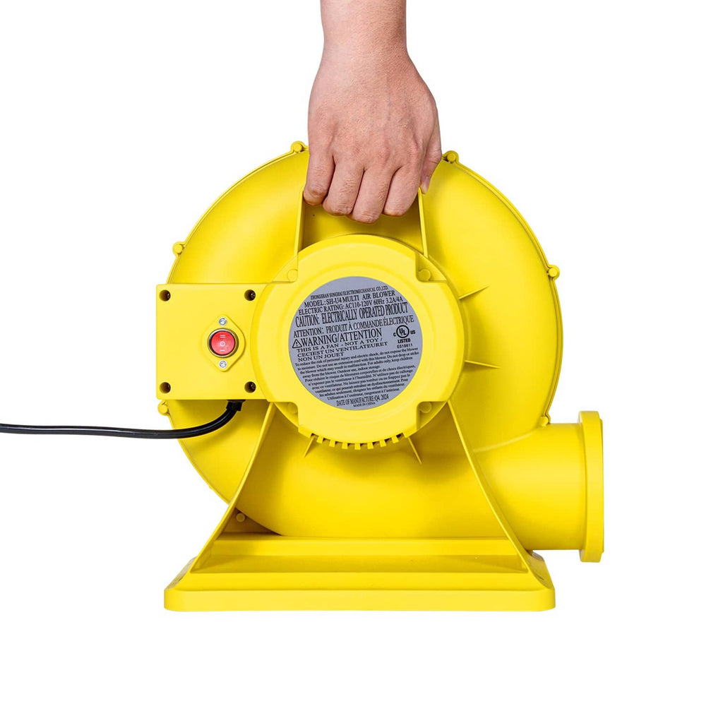 Yellow inflatable bounce house air blower with carrying handle and power label