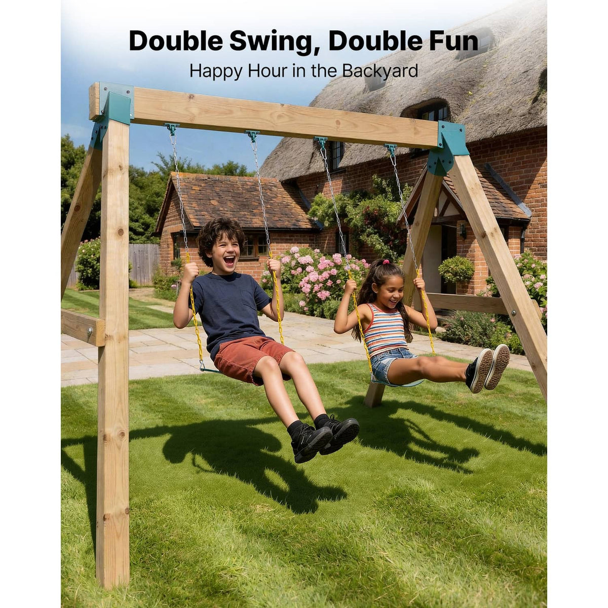 Teal swing set brackets on a wooden A-frame with two hanging seats