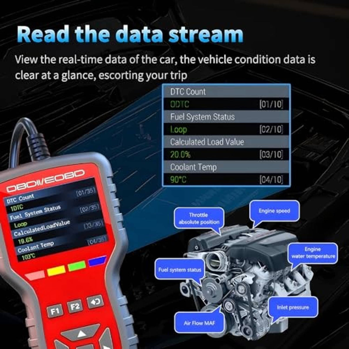 Handheld OBD2 scanner displaying live data stream icons on red screen