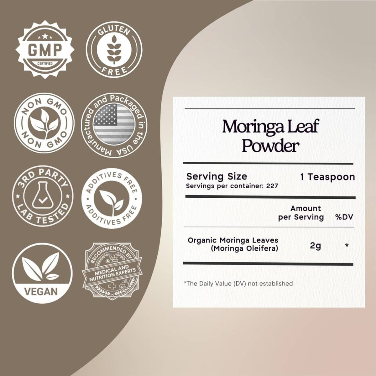 Moringa leaf powder supplement facts label on green-and-white pouch card